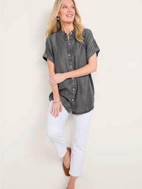 Soft Surroundings Je Veux TENCEL Short-Sleeve Button Front Tunic- Charcoal
